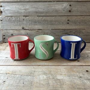 Anthropologie Bold Red, Green, and Blue Monogram Mugs